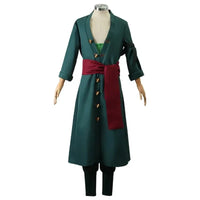 Roronoa Zoro Cosplay Costume including outfit, head scarf, and earrings available in adult sizes.