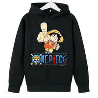 A trendy One Piece Kids Hoodie featuring cartoon graphic prints of Luffy and Zoro, designed as a casual spring and autumn pullover for children.