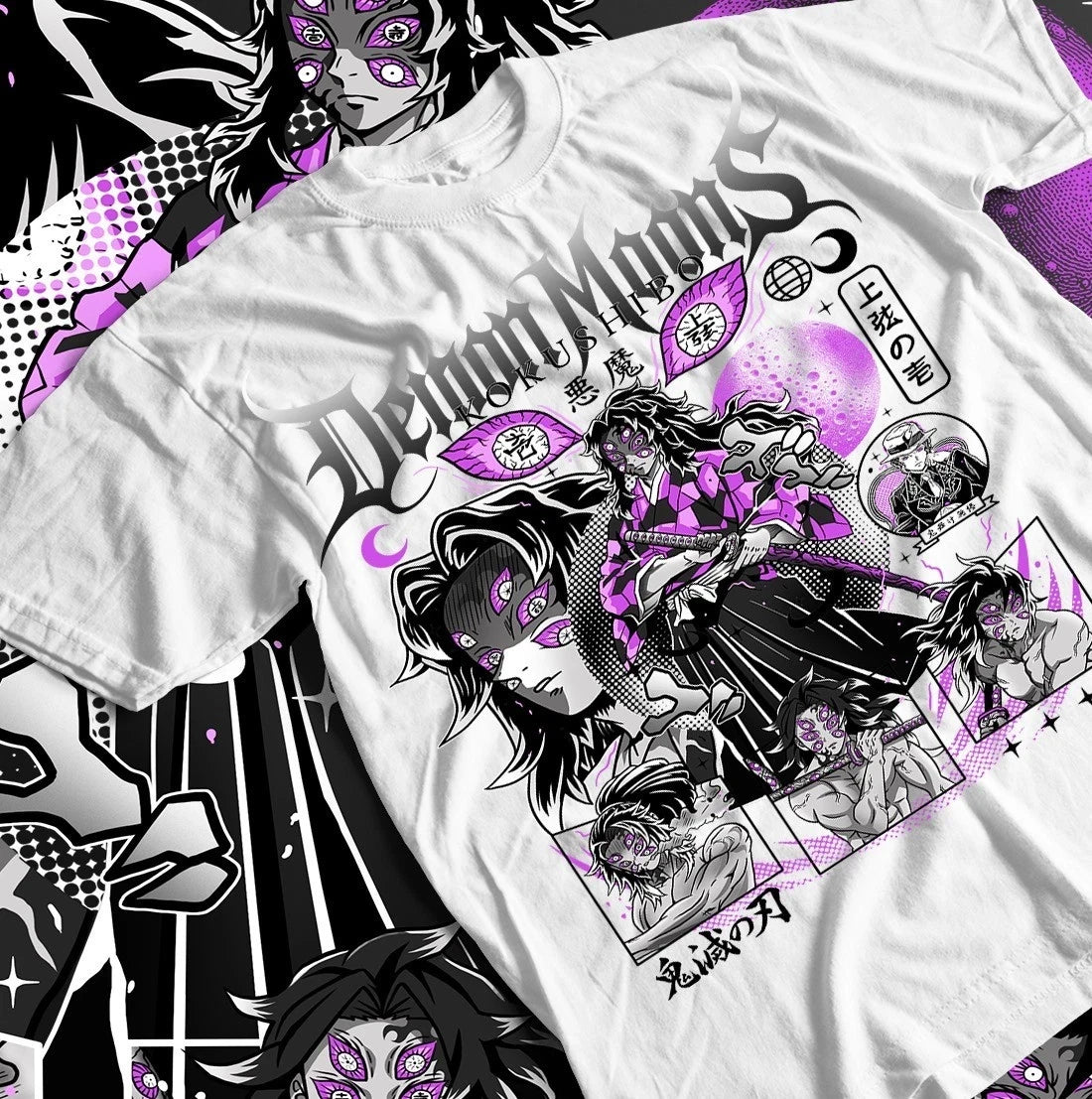 Kokushibo Solo Kimetsu no Yaiba Y2K Cotton T-Shirt flat lay Y2K loose cotton unisex summer