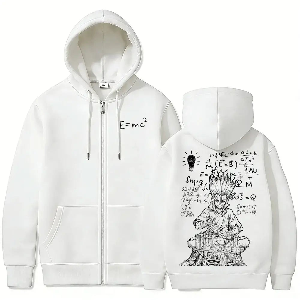 Senku Ishigami Dr. Stone Zip-Up Hoodie featuring fleece and scientific designs in navy blue