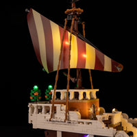 A Going Merry LED Light Set illuminating the 75639 pirate ship building block model, showcasing glowing cabins and deck lights.