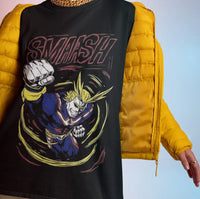 A high-quality All Might Shirt featuring a collage graphic of Izuku Midoriya, Katsuki Bakugo, Shoto Todoroki, and Dabi for anime fans.