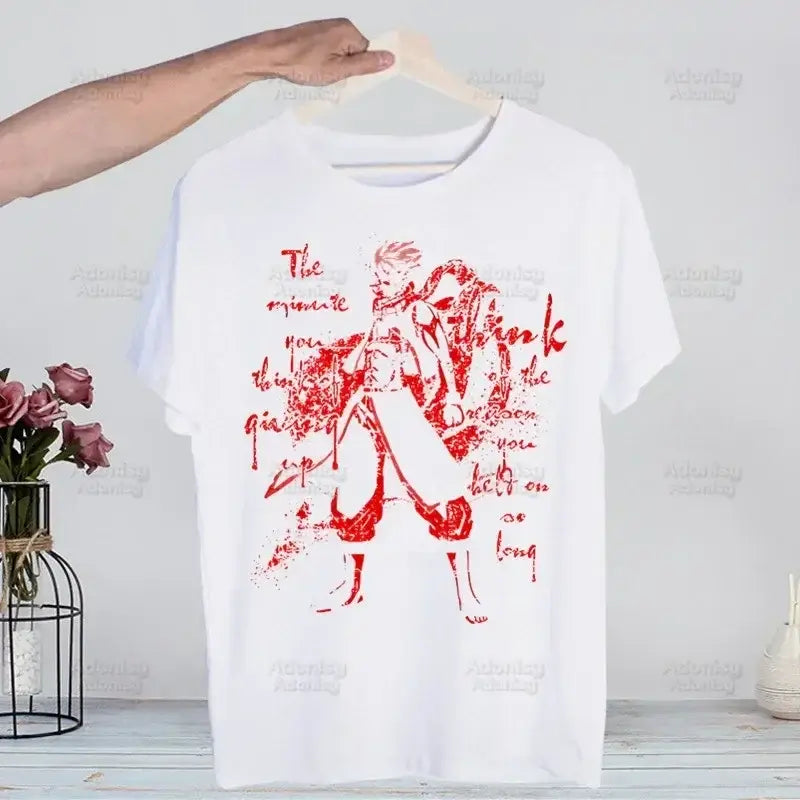 A hip hop style Fairy Tail T-shirt made of cotton featuring anime characters Natsu Dragneel and Lucy Heartfilia.