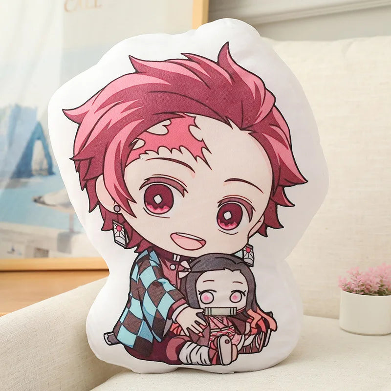 Demon Slayer Nezuko Kawaii Stuffed Plush Doll showcased with a girl holding the cushion featuring Nezuko and Tanjiro designs.