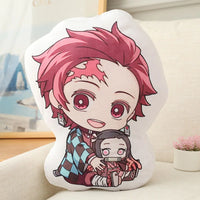 Demon Slayer Nezuko Kawaii Stuffed Plush Doll showcased with a girl holding the cushion featuring Nezuko and Tanjiro designs.