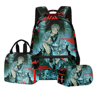 A 3-piece Jujutsu Kaisen Backpack Set featuring a digital print schoolbag, thermal lunch bag, and 2-layer pencil case for boys.