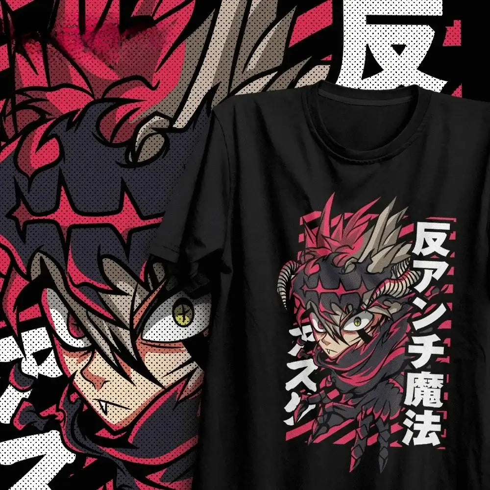 A stylish Black Clover anime t-shirt featuring vintage comic art of Asta and the Black Bulls, styled as women's Y2K summer streetwear.