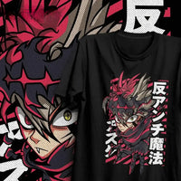 A stylish Black Clover anime t-shirt featuring vintage comic art of Asta and the Black Bulls, styled as women's Y2K summer streetwear.