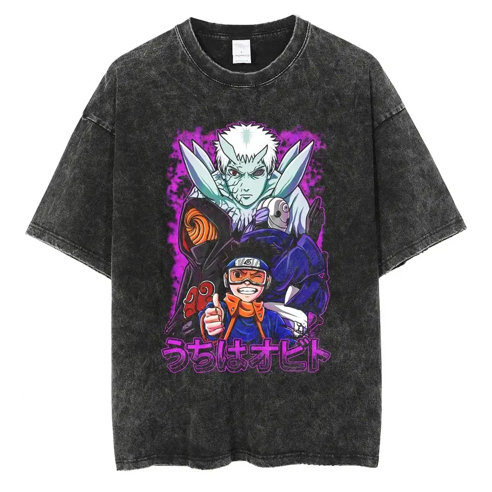 A man wearing the vintage black Japanese Anime Naruto Print T Shirt in a Harajuku hip hop streetwear style.