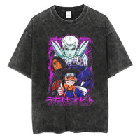 A man wearing the vintage black Japanese Anime Naruto Print T Shirt in a Harajuku hip hop streetwear style.