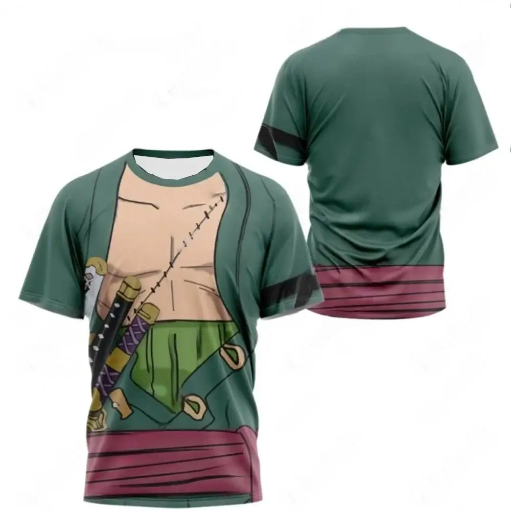 Luffy Cosplay T-Shirt One Piece 3D Printed Kids showing front and back view, perfect for summer wear.