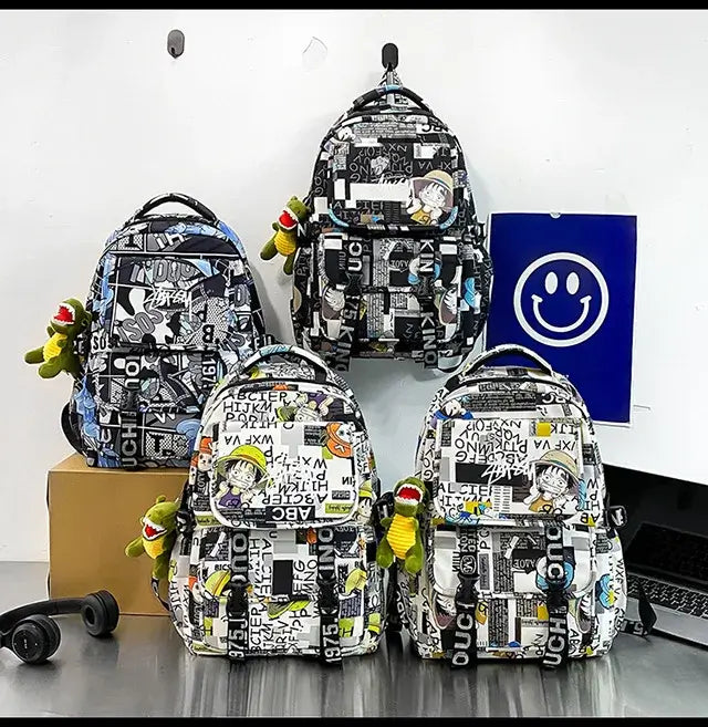 A high-capacity One Piece Luffy Backpack featuring a vibrant graffiti print of Monkey D. Luffy, designed as a durable school bag for middle and high students.