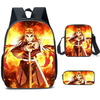 A pink Demon Slayer Backpack 3-piece set featuring Kamado Nezuko anime art, including a schoolbag, shoulder bag, and pencil case for students.