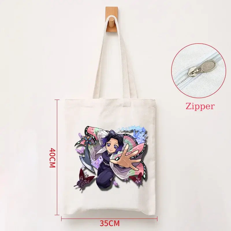 A durable Demon Slayer Canvas Bag featuring Kamado Nezuko and Tanjiro anime graphics, designed as a zipper tote for students and shoppers.