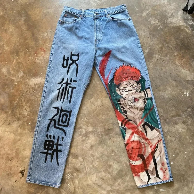 Trendy Y2K Anime Baggy Jeans featuring a Harajuku graphic print pattern, designed as high-waisted vintage streetwear for men and women.