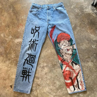 Trendy Y2K Anime Baggy Jeans featuring a Harajuku graphic print pattern, designed as high-waisted vintage streetwear for men and women.