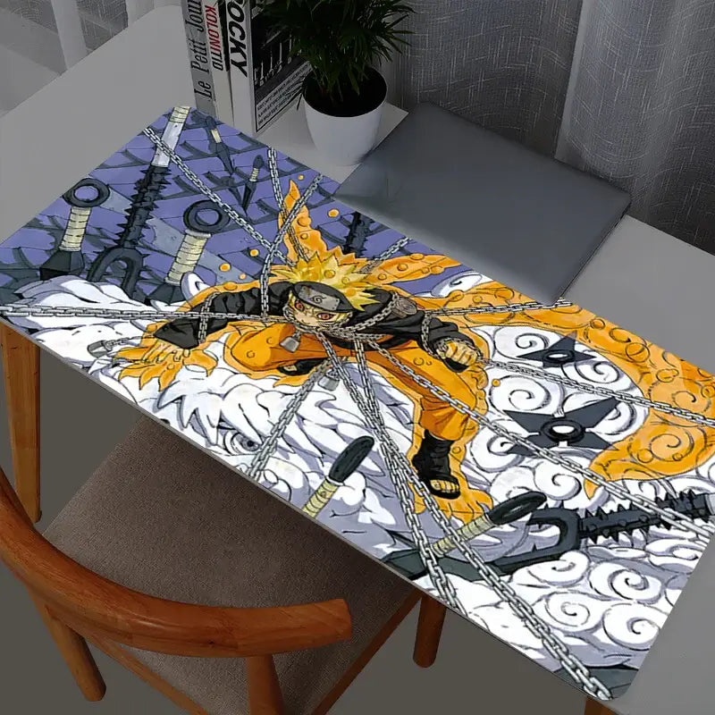 A high-quality Naruto Uzumaki Mouse Pad featuring dynamic anime artwork, rolling out on a Gabinete Gamer desk with a Varmilo keyboard and PC mouse.