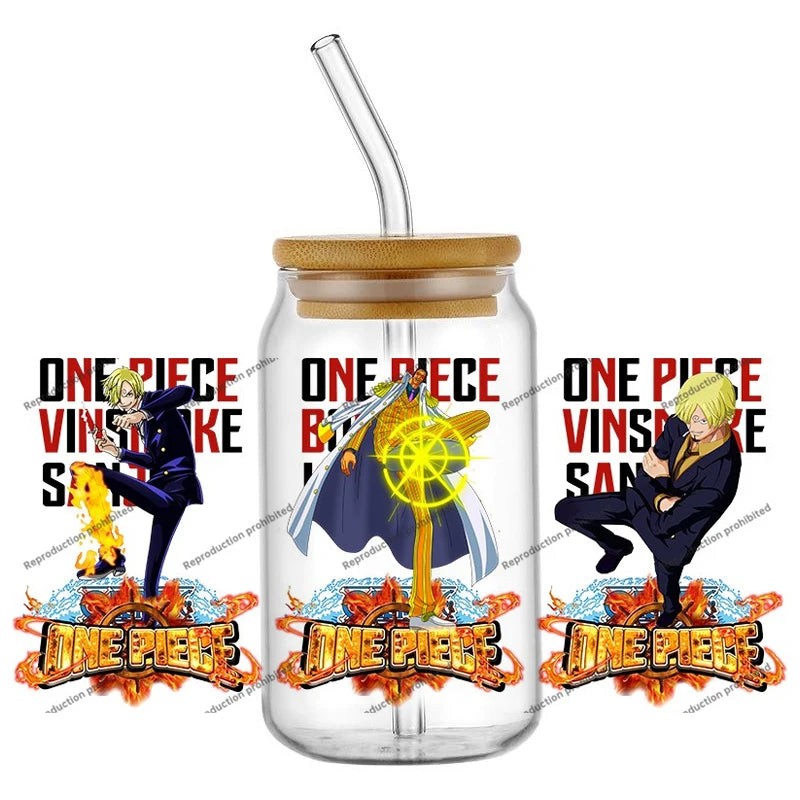 A collection of the newest 31 designs of popular One Piece UV DTF Stickers for a 16oz glass cup.