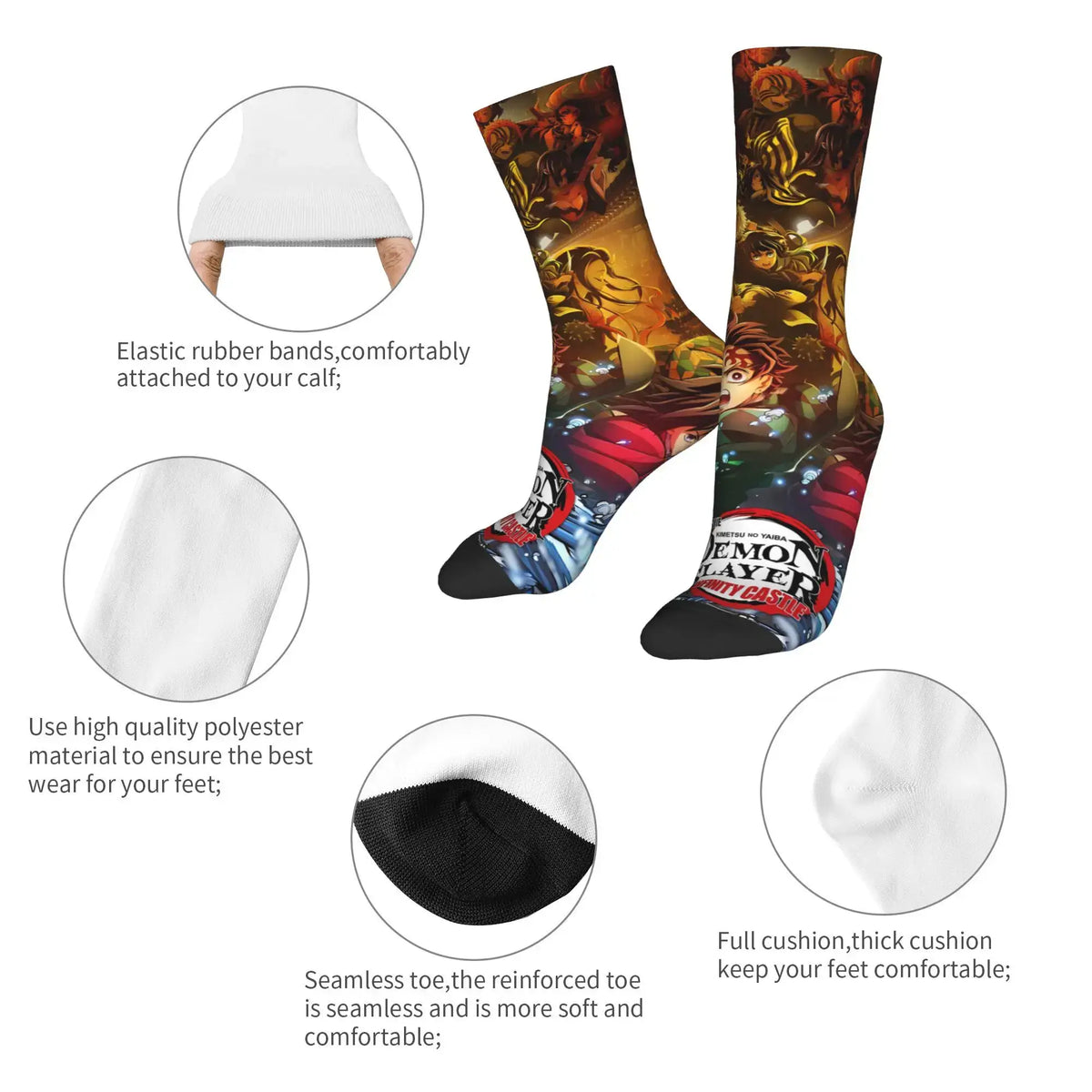Breathable Demon Slayer Socks featuring Nezuko Kamado and Giyu Tomioka patterns, designed as trendy non-slip skateboard stockings for men and women.