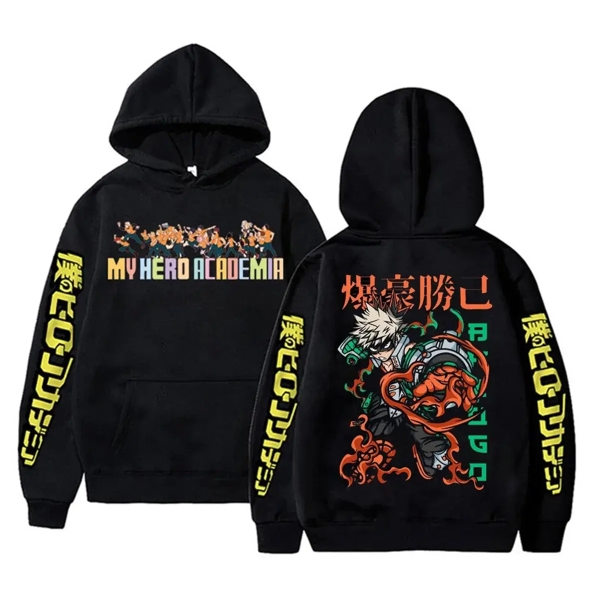An oversized Midoriya Izuku Hoodie featuring a black and white manga graphic print, styled as unisex Harajuku streetwear for men and women.