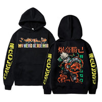 An oversized Midoriya Izuku Hoodie featuring a black and white manga graphic print, styled as unisex Harajuku streetwear for men and women.