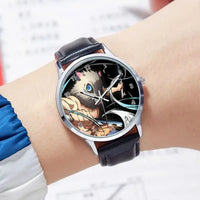 A stylish Demon Slayer Watch featuring two-dimensional anime art of Rengoku Kyoujurou and Tokitou Muichirou, designed as a trendy business wristwatch.