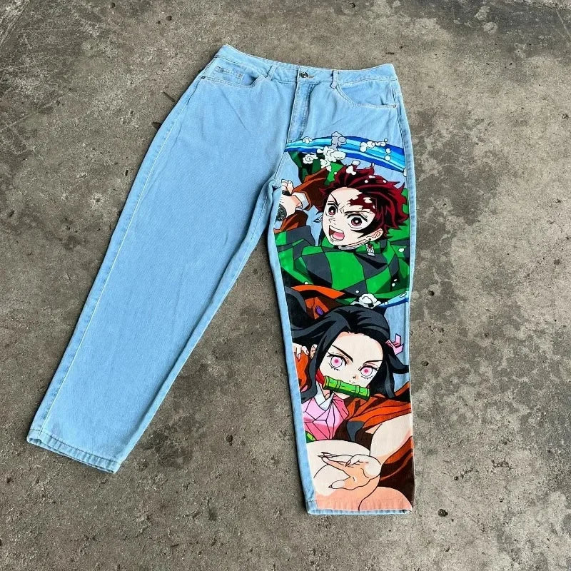 Trendy Y2K Anime Baggy Jeans featuring a Harajuku graphic print pattern, designed as high-waisted vintage streetwear for men and women.