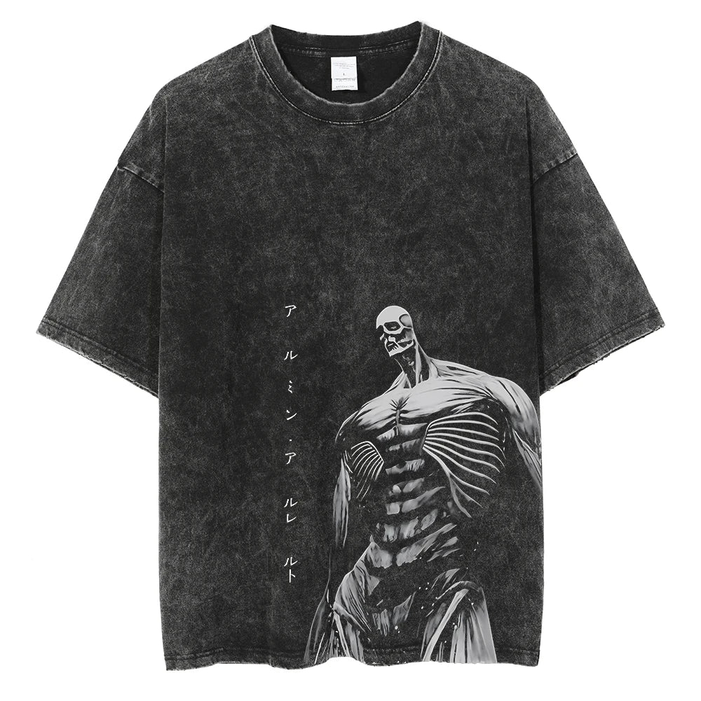 A vintage-washed Eren Jaeger T-Shirt featuring a gritty Attack on Titan manga graphic, styled as oversized Harajuku streetwear for men and women.