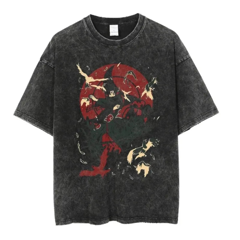 A retro washed Uchiha Sasuke T-shirt featuring a high-quality anime graphic print, designed as oversized cotton streetwear for men and women.