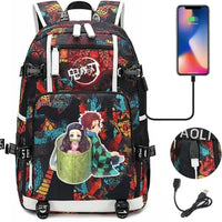 A pink and black Nezuko Demon Slayer Backpack featuring a USB charging port and kawaii anime character art, designed for teen girls and students.