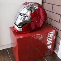 A wearable AutoKing Iron Man Helmet (Mk5) featuring voice-controlled opening face plates and glowing LED eyes for adult cosplay and display.