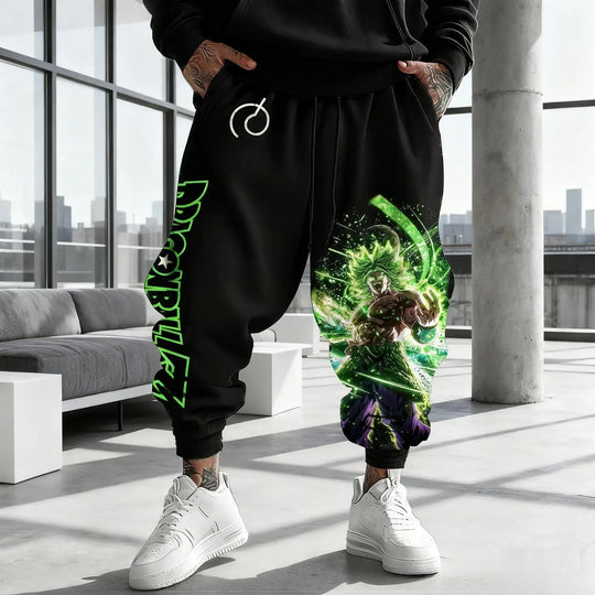 Trendy Broly Anime Pants featuring a Legendary Super Saiyan graphic print, designed as casual Y2K streetwear joggers for men.