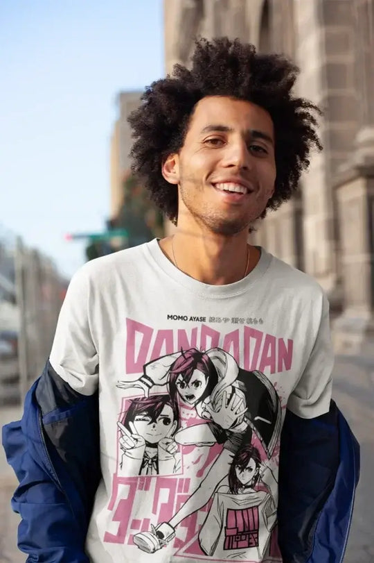 A trendy Dandadan T-Shirt featuring a graphic cosplay print of Seiko Ayase and Momo, designed as a round neck Y2K top for men.