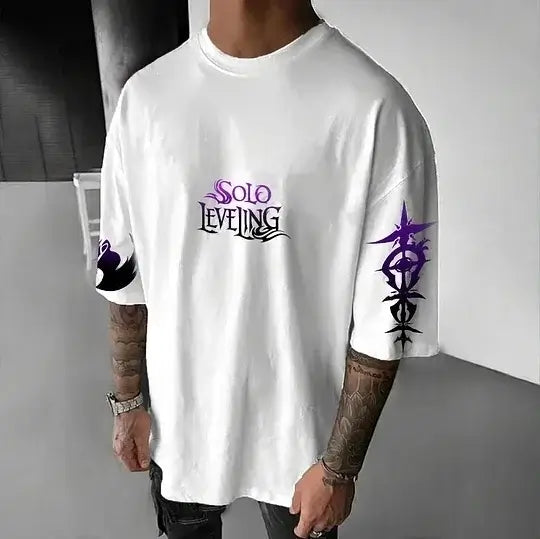 A high-quality Solo Leveling Authorized T-Shirt made of cotton, featuring a retro Y2K anime graphic of Sung Jinwoo, perfect for gamers and street style.