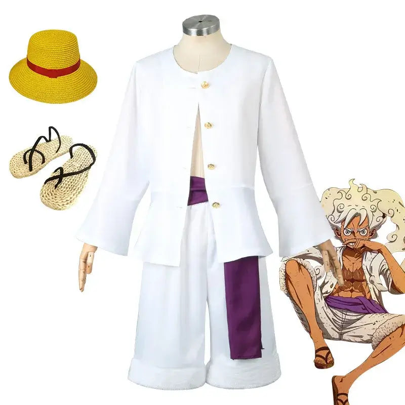 An adult wearing the 5-style Anime Monkey D Luffy Cosplay Costume from the Egghead arc, including the coat and hat.