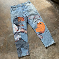 Trendy high-waist Anime Jeans featuring high-definition digital graphic prints, designed as wide-leg Y2K streetwear for men and women.