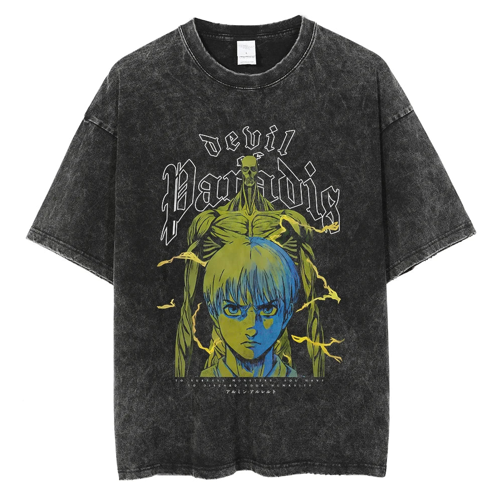 A vintage-washed Eren Jaeger T-Shirt featuring a gritty Attack on Titan manga graphic, styled as oversized Harajuku streetwear for men and women.