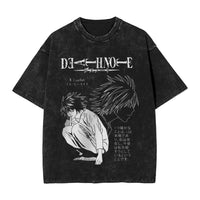 L Lawliet T-Shirt Death Note vintage washed cotton graphic tee with oversized fit O-neck collar and drop-shoulder short sleeves front view