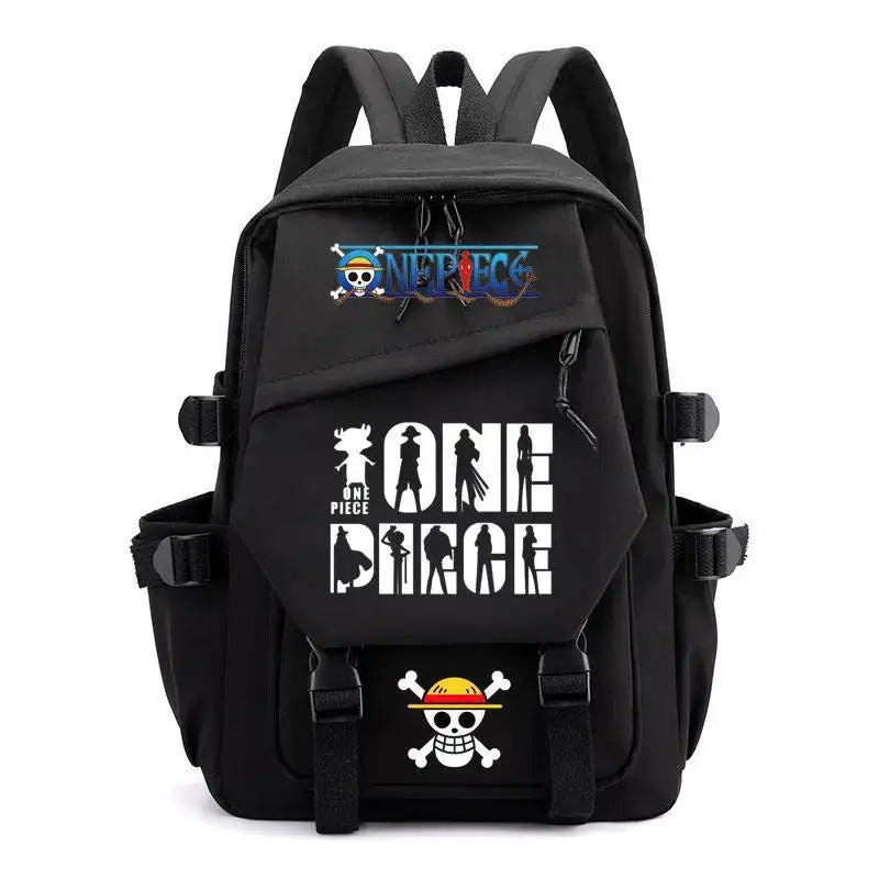 A lightweight canvas One Piece Backpack featuring kawaii anime characters, suitable for school, travel, and carrying a laptop computer.