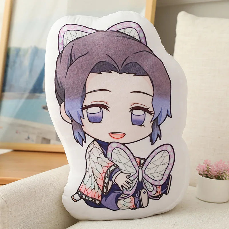 Demon Slayer Nezuko Kawaii Stuffed Plush Doll showcased with a girl holding the cushion featuring Nezuko and Tanjiro designs.