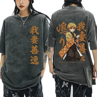 A washed black Demon Slayer Vintage T-Shirt made of 100% cotton, featuring an oversized cartoon anime graphic for men and women.
