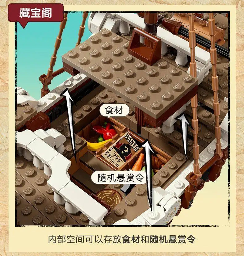 A detailed One Piece Going Merry Building Blocks set featuring the Straw Hat Pirate Ship, designed as an assembly model toy for children and collectors.