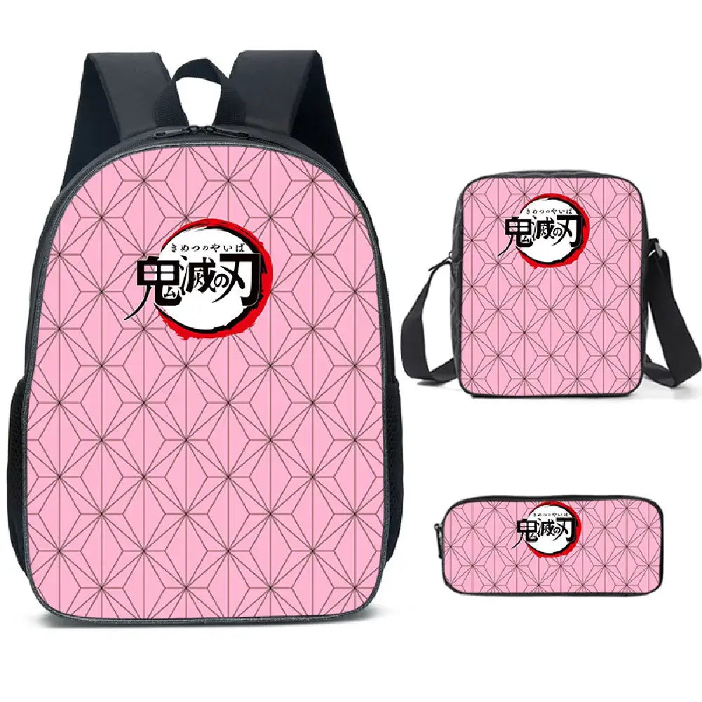 A pink Demon Slayer Backpack 3-piece set featuring Kamado Nezuko anime art, including a schoolbag, shoulder bag, and pencil case for students.