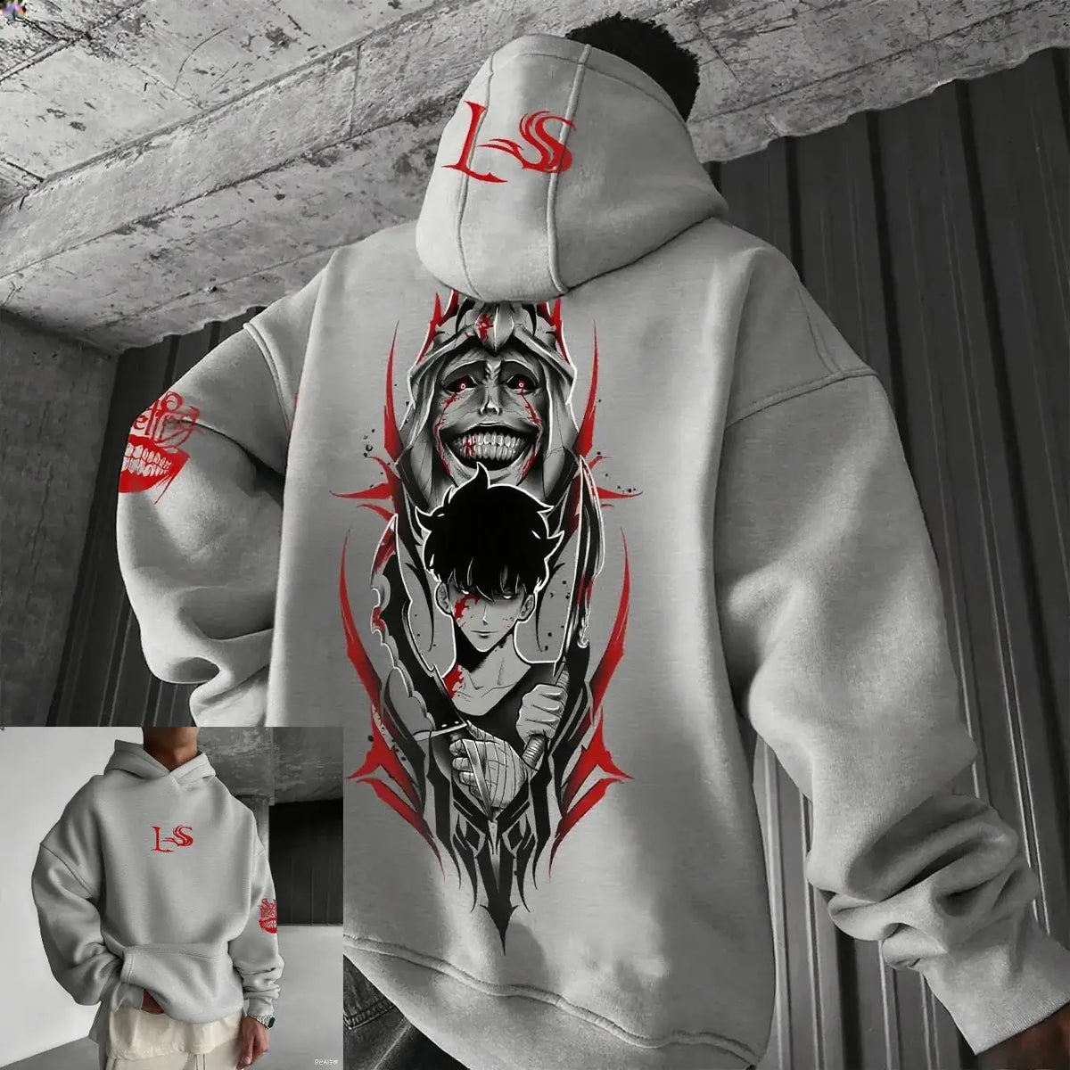 An oversized Solo Leveling Anime Hoodie featuring a dynamic graphic print of Sung Jin-Woo, styled as comfortable streetwear for men and women.
