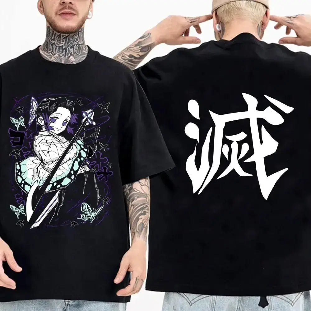 Demon Slayer Cotton Parent-Child Anime T-Shirt worn by parent and child matching summer outfit