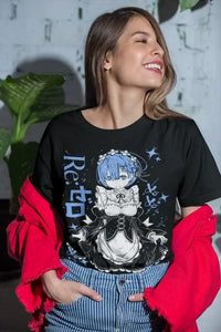 Re:Zero Emilia Ram shirt featuring a woman wearing a black tee with anime design, showcasing manga art style.