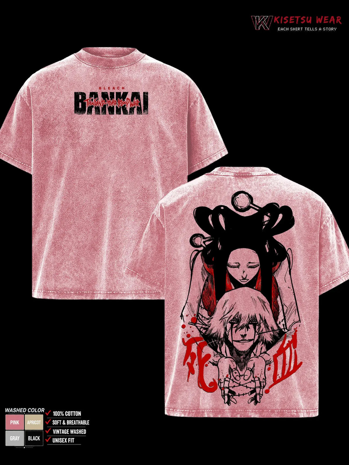 Kisuke Urahara Bleach Washed T-Shirt in pink with vintage graphics, showcasing Harajuku style and soft cotton fabric.