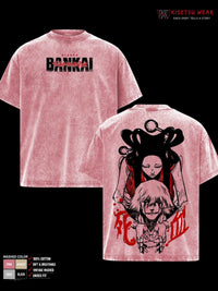 Kisuke Urahara Bleach Washed T-Shirt in pink with vintage graphics, showcasing Harajuku style and soft cotton fabric.