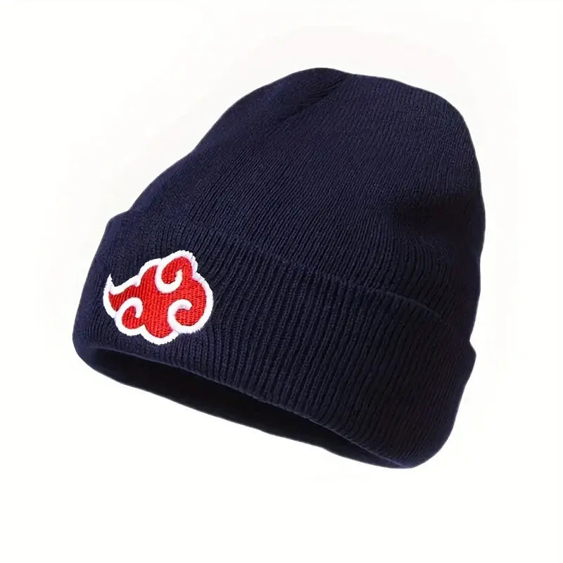 A black knitted Akatsuki Beanie featuring the red cloud embroidery symbol, designed as a warm unisex winter hat for men and women.