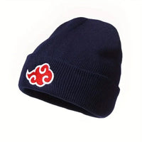 A black knitted Akatsuki Beanie featuring the red cloud embroidery symbol, designed as a warm unisex winter hat for men and women.